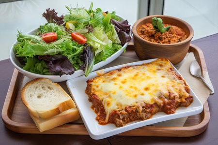platter with lasagna, garlic bread, and garden salad, created with generative aiの素材