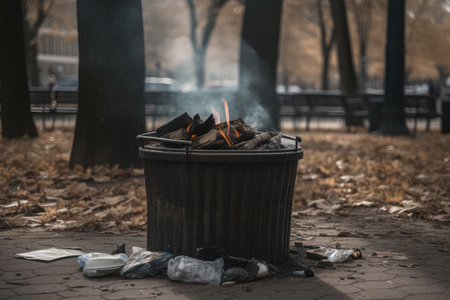 trash can overflowing in busy city park, with cigarette and litter strewn about, created with generative aiの素材