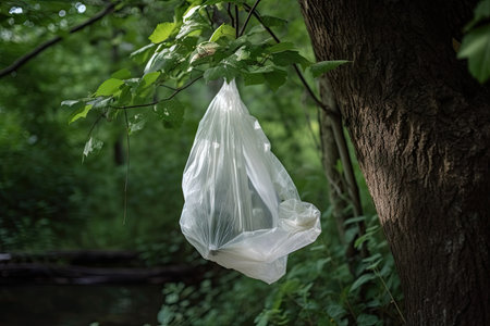 plastic bag caught in tree branch, surrounded by natural beauty, created with generative aiの素材