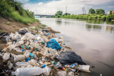 littering and urban pollution of river bank with plastic bags, bottles, and packaging, created with generative aiの素材