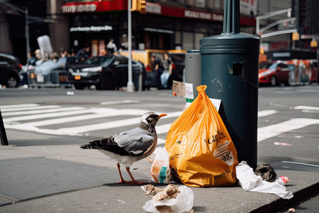 a bird pecking at a fast-food bag, surrounded by other litter in the city, created with generative aiの素材