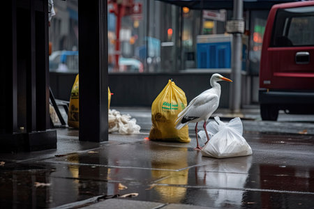 a bird pecking at a fast-food bag, surrounded by other litter in the city, created with generative aiの素材
