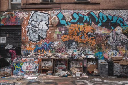 graffiti art on a brick wall, with trash and litter in the background, created with generative aiの素材