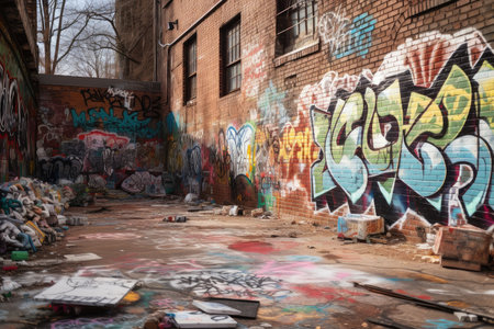 graffiti art on a brick wall, with trash and litter in the background, created with generative aiの素材