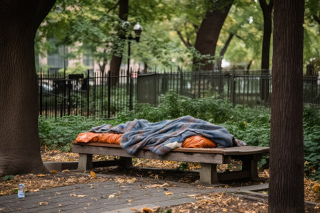 homeless person sleeping on park bench, surrounded by litter, created with generative aiの素材