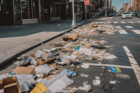 litter on the sidewalk spreading its ugly mess in a busy city, created with generative aiの素材