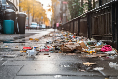 litter on the sidewalk spreading its ugly mess in a busy city, created with generative aiの素材
