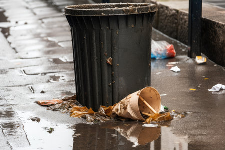 close-up of overflowing trash bin, with garbage spilling out onto the ground, created with generative aiの素材