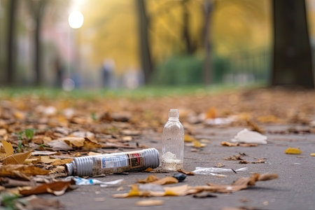 littering and urban pollution in a public park, with discarded cigarette and plastic bottles, created with generative aiの素材