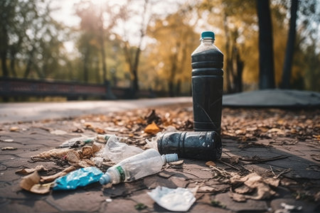 littering and urban pollution in a public park, with discarded cigarette and plastic bottles, created with generative aiの素材