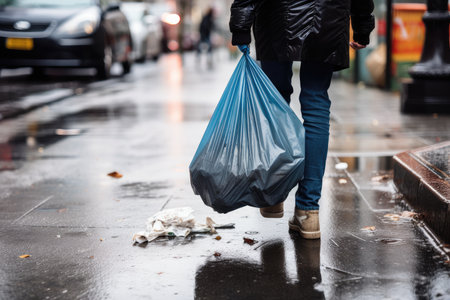person, walking along sidewalk, dodging trash and debris left behind by litterbugs, created with generative aiの素材