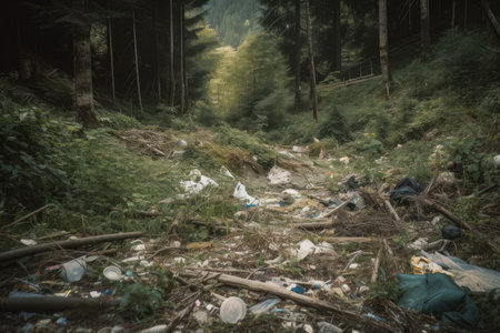 littering and pollution in the natural landscape, with trash strewn across the forest floor, created with generative aiの素材