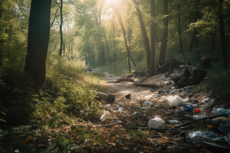 littering and pollution in the natural landscape, with trash strewn across the forest floor, created with generative aiの素材