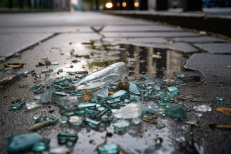 close-up of broken glass on sidewalk with litter and trash visible, created with generative aiの素材