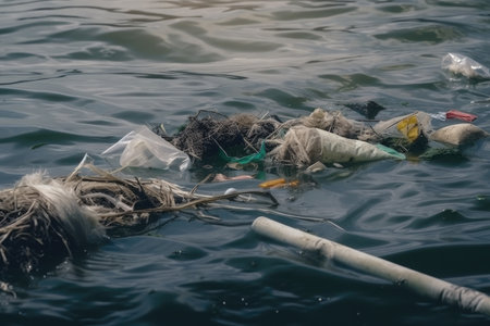 littering and pollution of the sea. plastic bags, bottles, cans floating on the surface of the water, created with generative aiの素材