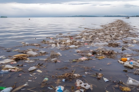 littering and pollution of the sea. plastic bags, bottles, cans floating on the surface of the water, created with generative aiの素材