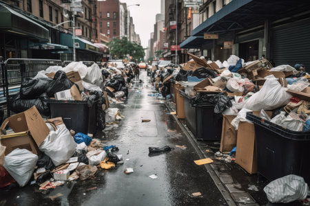 litter and garbage overflowing from trash cans in busy city, created with generative aiの素材