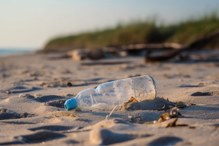 littering and urban pollution in the natural environment, with broken glass and plastic bottle on a beach, created with generative aiの素材