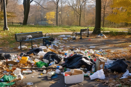 beautiful city park, littered with trash and debris, created with generative aiの素材