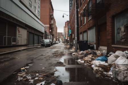 city street, with trash and litter strewn across the sidewalk, created with generative aiの素材