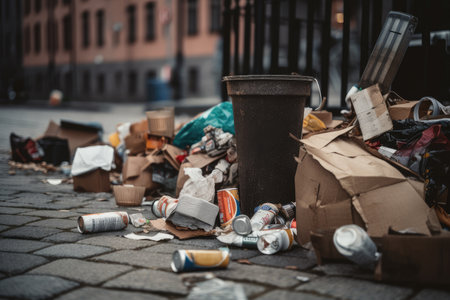 close-up of discarded packaging and other trash on city street, created with generative aiの素材