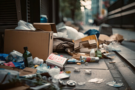 close-up of discarded packaging and other trash on city street, created with generative aiの素材
