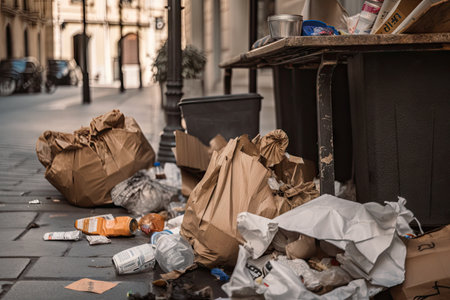 close-up of discarded packaging and other trash on city street, created with generative aiの素材