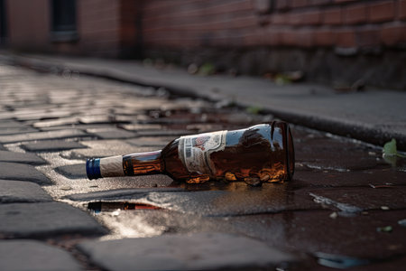close-up of discarded and broken beer bottle in the street, created with generative aiの素材