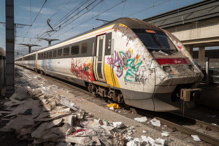 high-speed train passes by pile of litter and a graffiti-tagged wall, created with generative aiの素材