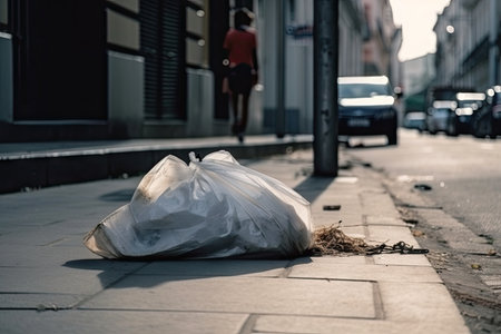 bag of trash that has been misplaced and is now lying on the street, among other garbage, created with generative aiの素材