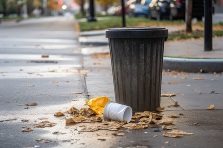 litter overflowing from trash bin onto sidewalk, created with generative aiの素材