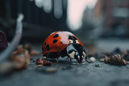 close-up of ladybug on a piece of trash in the city, created with generative aiの素材