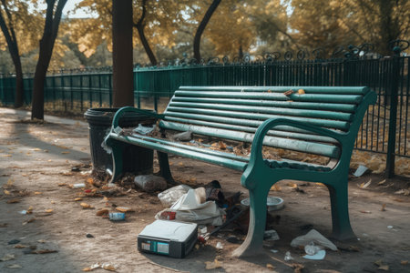 a park bench surrounded by litter and trash, created with generative aiの素材