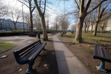 a deserted park, with litter strewn on the walkways and benches, created with generative aiの素材