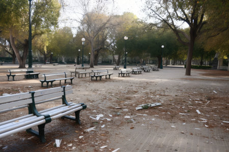 a deserted park, with litter strewn on the walkways and benches, created with generative aiの素材
