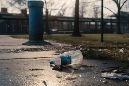 littering culprit, with empty water bottle and trash can in the background, created with generative aiの素材