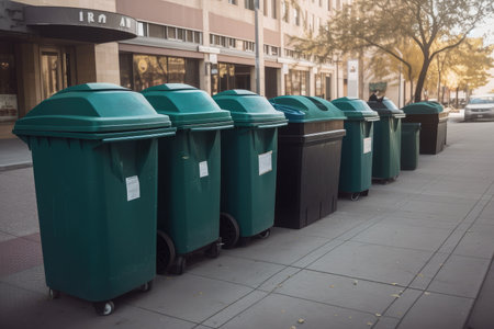 trash bins overflowing with litter in city center, created with generative aiの素材