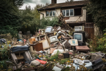 shabby house surrounded by piles of rubbish and broken appliances, created with generative aiの素材