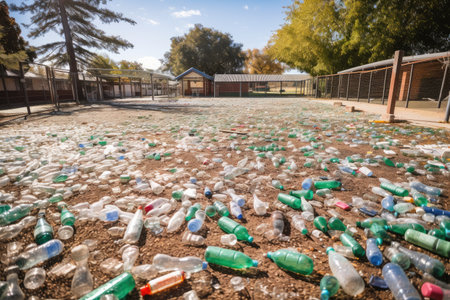 a school playground, littered with broken bottles and wrappers, created with generative aiの素材