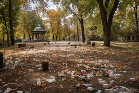 trash-strewn park, with broken bottles and wrappers littering the grounds, created with generative aiの素材
