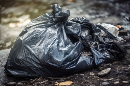 close-up of trash bag overflowing with litter, created with generative aiの素材