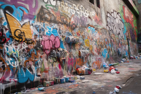 graffiti on wall, representing the destructive force of littering and pollution, created with generative aiの素材