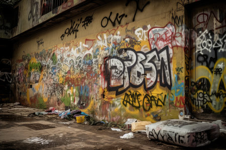 graffiti on wall, representing the destructive force of littering and pollution, created with generative aiの素材