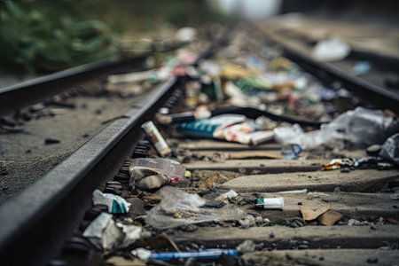 close-up of litter track, including cigarette and plastic wrappers, created with generative aiの素材