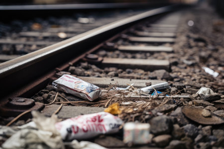 close-up of litter track, including cigarette and plastic wrappers, created with generative aiの素材