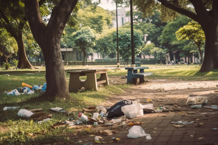 littering and urban pollution in a park, with trash strewn across the grounds, created with generative aiの素材