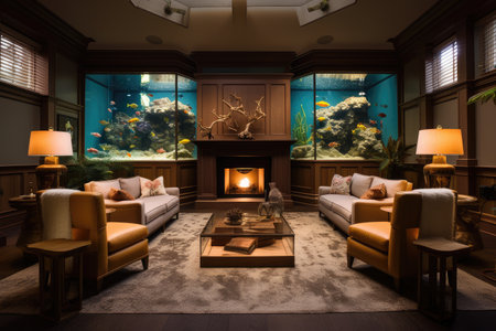 a cozy living room with a fireplace, aquarium, and comfy armchairs, created with generative aiの素材