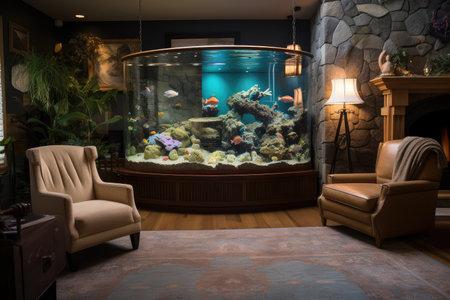 a cozy living room with a fireplace, aquarium, and comfy armchairs, created with generative aiの素材