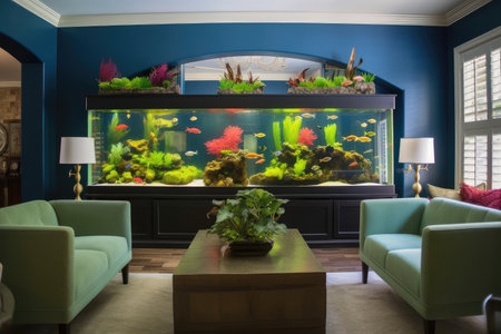 a living room with a large aquarium, filled with colorful fish and aquatic plants, created with generative aiの素材