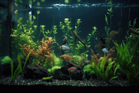 aquarium with schools of colorful fish swimming among underwater plants, created with generative aiの素材